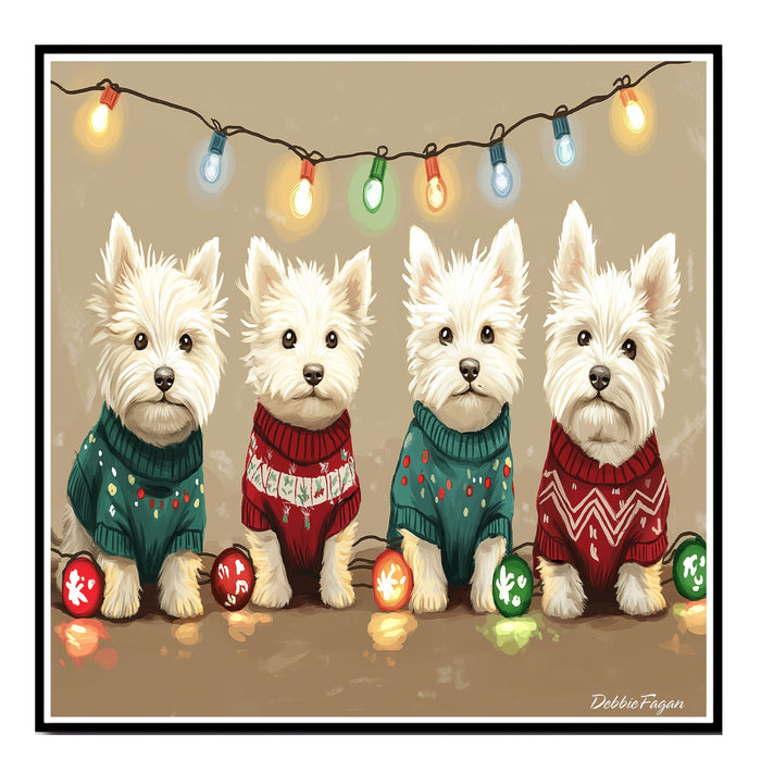 Dog Christmas Canvas  - "Highland Holiday Joy" - West Highland Terriers in Festive Sweaters with Christmas Lights on Ready to Hang 1.5" Thick Canvas Wrap, Floating Framed Canvas, Flat Rolled Canvas