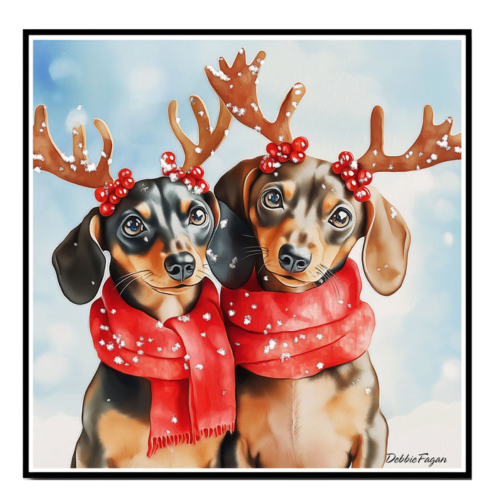 Wiener Christmas Canvas  - "Winter Pawsitivity" - Cute Dachshund with Antlers in a Snowy Scene on Ready to Hang 1.5" Thick Canvas Wrap, Floating Framed Canvas, Flat Rolled Canvas