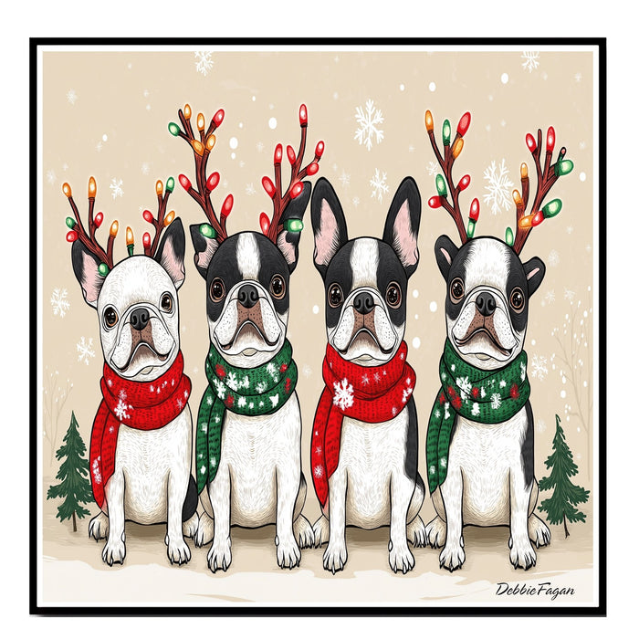 French Bulldogs Christmas Canvas - "Frenchie Frost" - with Festive Antlers in Winter Snow on Ready to Hang 1.5" Thick Canvas Wrap, Floating Framed Canvas, Flat Rolled Canvas