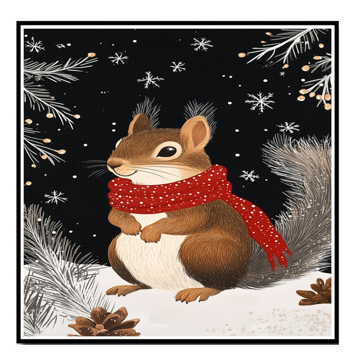 "Frosty Friend Squirrel" - Squirrel in Red Scarf Nestled in Snowy Scene on Ready to Hang 1.5" Thick Canvas Wrap, Floating Framed Canvas, Flat Rolled Canvas