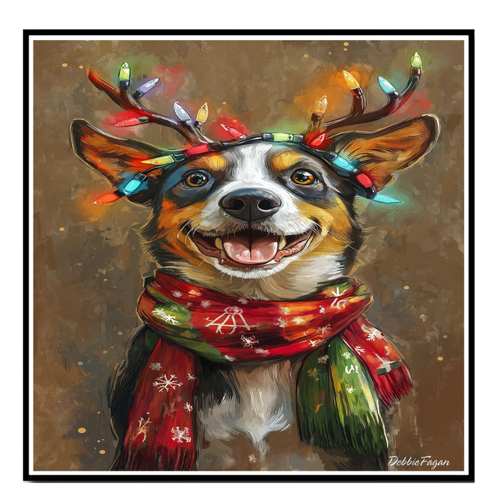 Holiday Bliss - 'Rustic Cheer' - Australian Shepherd Dog with Lighted Antlers & Cozy Scarf on Rustic Background, Ready to Hang 1.5" Thick Canvas Wrap, Floating Framed Canvas, Flat Rolled Canvas