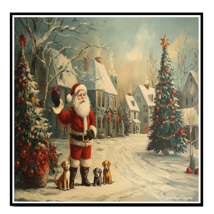 "Santa's Joyful Pups" - Heartwarming Scene of Santa with Adorable Puppies in a Festive Christmas Village on Ready to Hang 1.5" Thick Canvas Wrap, Floating Framed Canvas, Flat Rolled Canvas