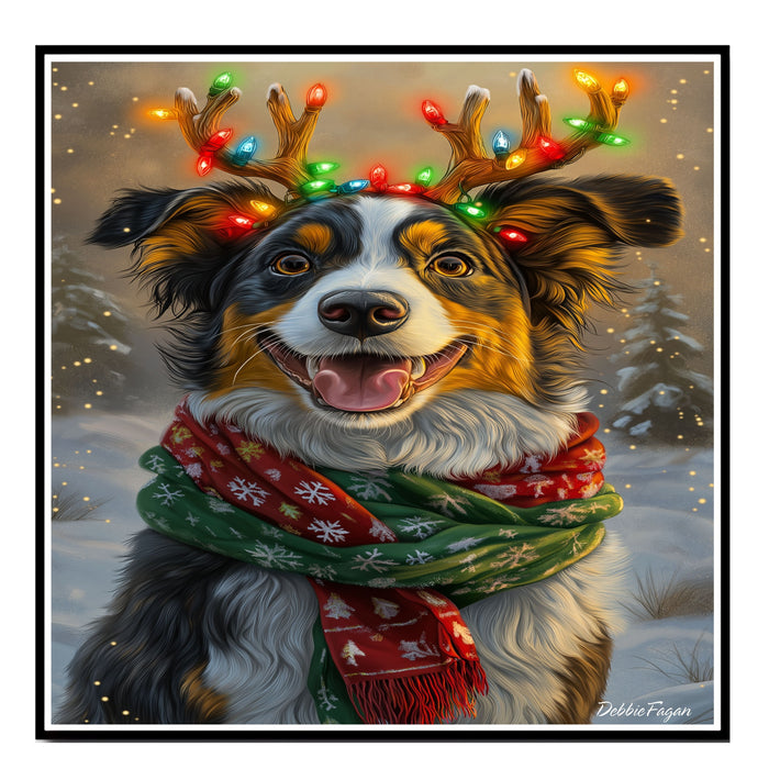 Australian Shepherd Christmas Charm - 'Merry Antlers' - Australian Shepherd Dog with Glowing Antlers & Holiday Scarf on Ready to Hang 1.5" Thick Canvas Wrap, Floating Framed Canvas, Flat Rolled Canvas