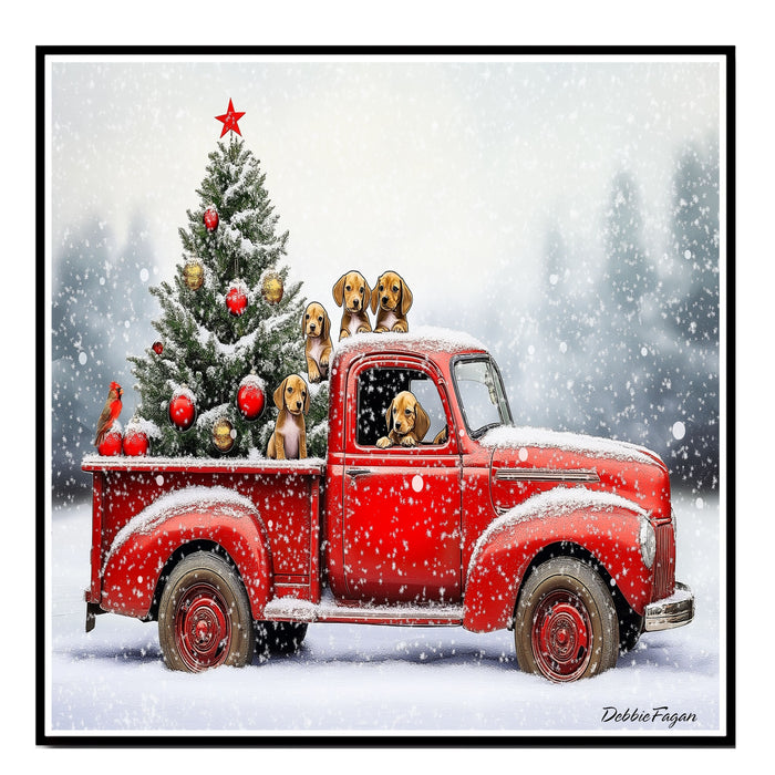 Dog Christmas Canvas - "Puppy Parade" - Vizsla Puppies in a Vintage Red Truck with Christmas Tree on Ready to Hang 1.5" Thick Canvas Wrap, Floating Framed Canvas, Flat Rolled Canvas