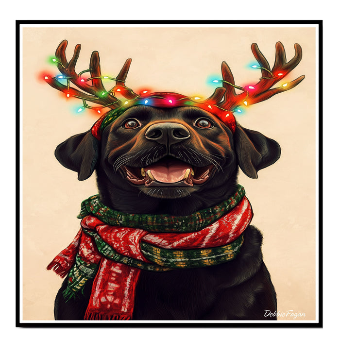 "Classic Cheer" - Black Labrador Dog with Lighted Antlers & Festive Scarf on Plain Beige Canvas, Ready to Hang 1.5" Thick Canvas Wrap, Floating Framed Canvas, Flat Rolled Canvas