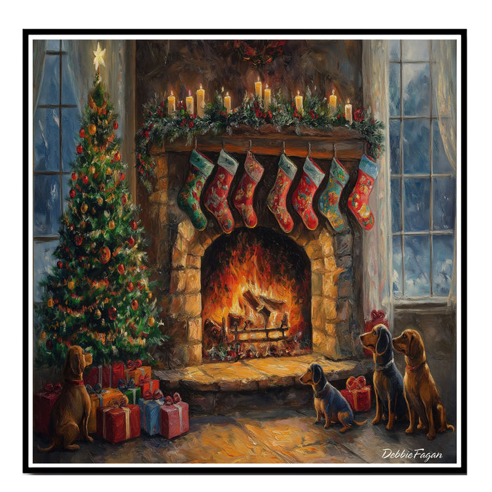 Dachshund Christmas Canvas - "Doxie Fireside Dreams" - Wiener Dogs by a Crackling Fireplace During a Winter Storm on Ready to Hang 1.5" Thick Canvas Wrap, Floating Framed Canvas, Flat Rolled Canvas