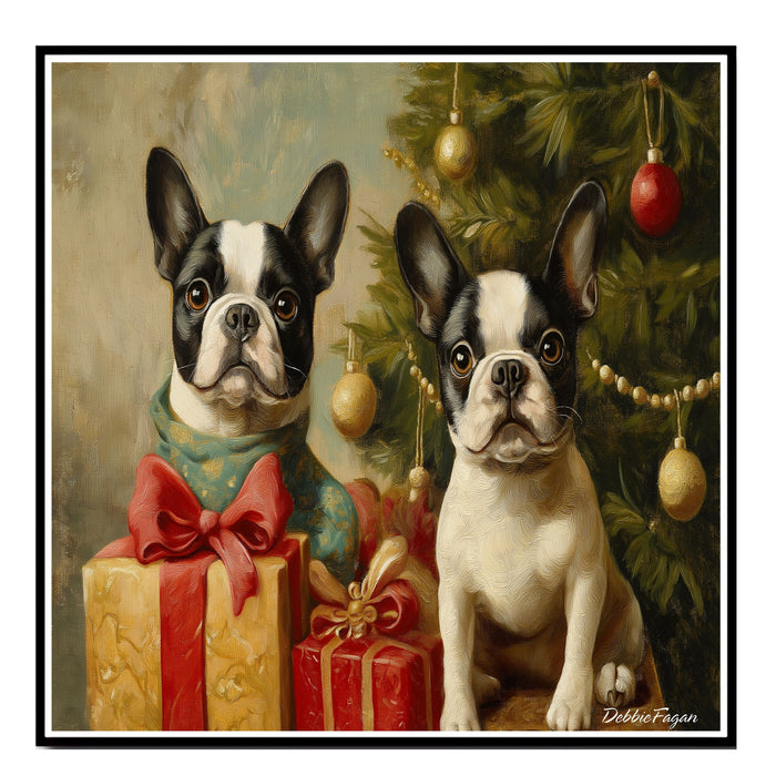 Christmas Canvas  - "Frenchie Festive Cheer" - French Bulldogs with Vintage Christmas Tree and Presents on Ready to Hang 1.5" Thick Canvas Wrap, Floating Framed Canvas, Flat Rolled Canvas