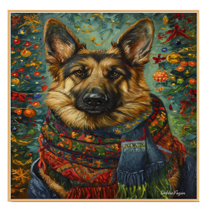 German Shepherd Dog in Winter Scarf with Christmas Tree Art Print on 1.5" Thick Canvas Wrap, Floating Framed Canvas, Flat Rolled Canvas