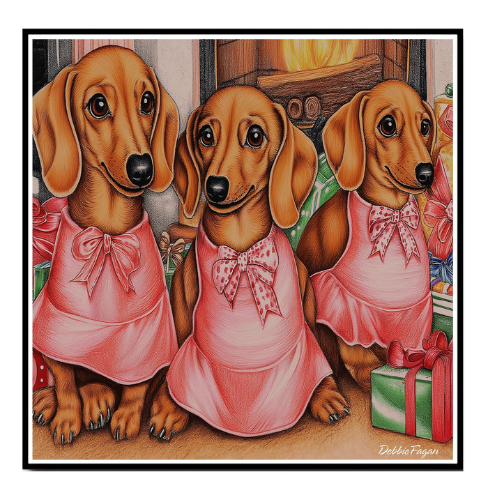 Dog Christmas Canvas - "Dachshund Delight" - Vintage-Inspired Art with Festive Presents on Ready to Hang 1.5" Thick Canvas Wrap, Floating Framed Canvas, Flat Rolled Canvas