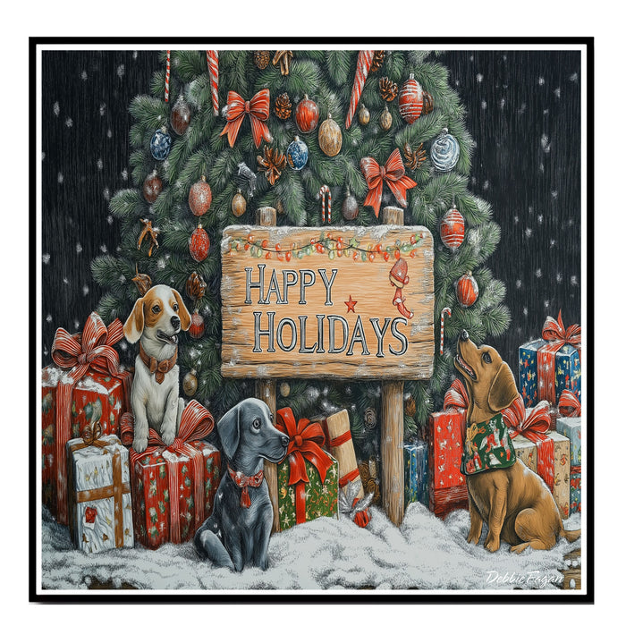 Christmas Canvas - "Puppy Wishes" - Cute Pups Surrounded by Gifts Under the Christmas Tree in a Winter Wonderland on Ready to Hang 1.5" Thick Canvas Wrap, Floating Framed Canvas, Flat Rolled Canvas