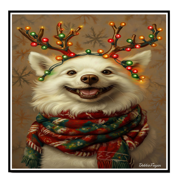 American Eskimo Winter Magic - 'Snowy Sparkle' - American Eskimo Dog with Festive Lighted Antlers & Holiday Scarf, Ready to Hang 1.5" Thick Canvas Wrap, Floating Framed Canvas, Flat Rolled Canvas