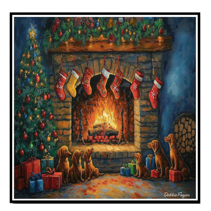 Dachshund Christmas Canvas - "Doxie Fireside Festivities" - Wiener by the Fireplace on Christmas Eve on Ready to Hang 1.5" Thick Canvas Wrap, Floating Framed Canvas, Flat Rolled Canvas