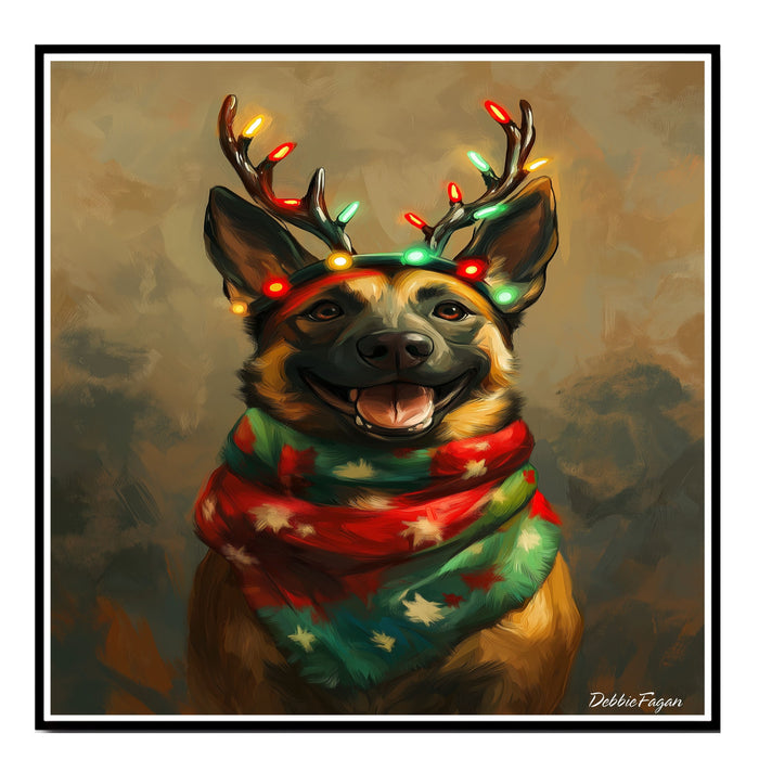 Rustic Antlers' - Belgian Malinois Dog with Lighted Antlers & Festive Scarf on Rustic Canvas, Ready to Hang 1.5" Thick Canvas Wrap, Floating Framed Canvas, Flat Rolled Canvas