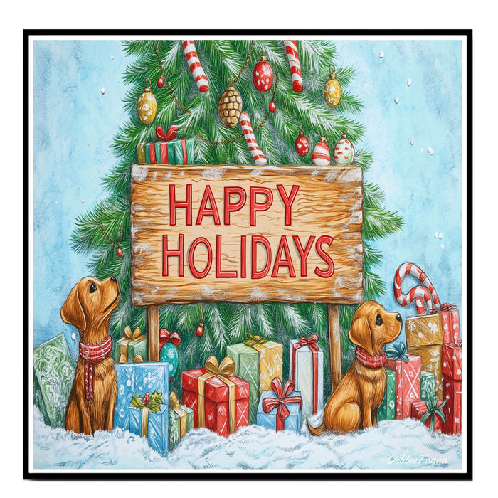 Puppy Christmas Canvas - "Paws and Presents" - Whimsical Dogs Unwrapping Joy Under the Christmas Tree on Ready to Hang 1.5" Thick Canvas Wrap, Floating Framed Canvas, Flat Rolled Canvas