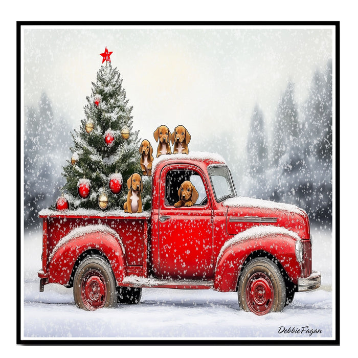 Vizsla Christmas Canvas - "Holiday Journey with Vizslas" - Puppies in a Festive Red Truck Canvas on Ready to Hang 1.5" Thick Canvas Wrap, Floating Framed Canvas, Flat Rolled Canvas