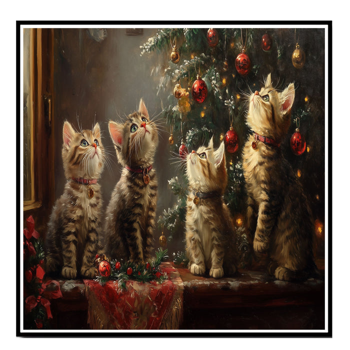 "Christmas Magic: Four Adorable Kittens Under the Tree" Ð Retro Holiday Painting on Ready to Hang 1.5" Thick Canvas Wrap, Floating Framed Canvas, Flat Rolled Canvas