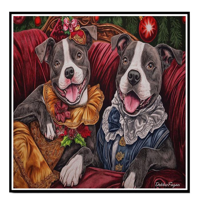 Staffie Christmas Canvas - "Victorian Whimsy" - American Staffordshire Bull Terriers in Elegant Attire on Ready to Hang 1.5" Thick Canvas Wrap, Floating Framed Canvas, Flat Rolled Canvas