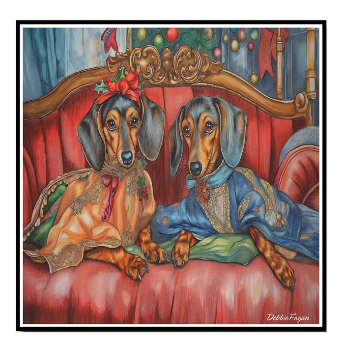 Dachshund Christmas Canvas - "Chic Doxies in Cozy Serenity" - Elegant Dogs Relaxing on a Couch on Ready to Hang 1.5" Thick Canvas Wrap, Floating Framed Canvas, Flat Rolled Canvas