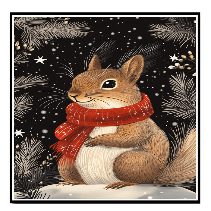 "Snowy Whimsy Squirrel" - Squirrel in Red Scarf Holding an Acorn in Winter Snow on Ready to Hang 1.5" Thick Canvas Wrap, Floating Framed Canvas, Flat Rolled Canvas