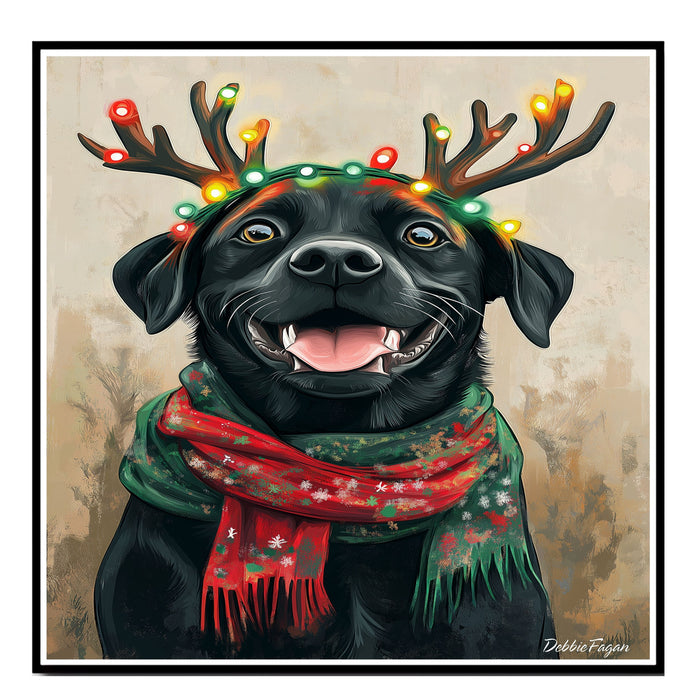 "Rustic Noel" - Black Labrador Dog with Festive Antlers & Cozy Scarf on Rustic Canvas, Ready to Hang 1.5" Thick Canvas Wrap, Floating Framed Canvas, Flat Rolled Canvas