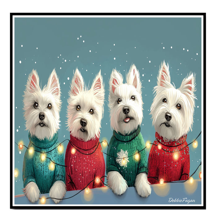 Dog Christmas Canvas  - "Westie Wonderland" - West Highland Terriers in Festive Sweaters Wrapped in Christmas Lights on Ready to Hang 1.5" Thick Canvas Wrap, Floating Framed Canvas, Flat Rolled Canvas