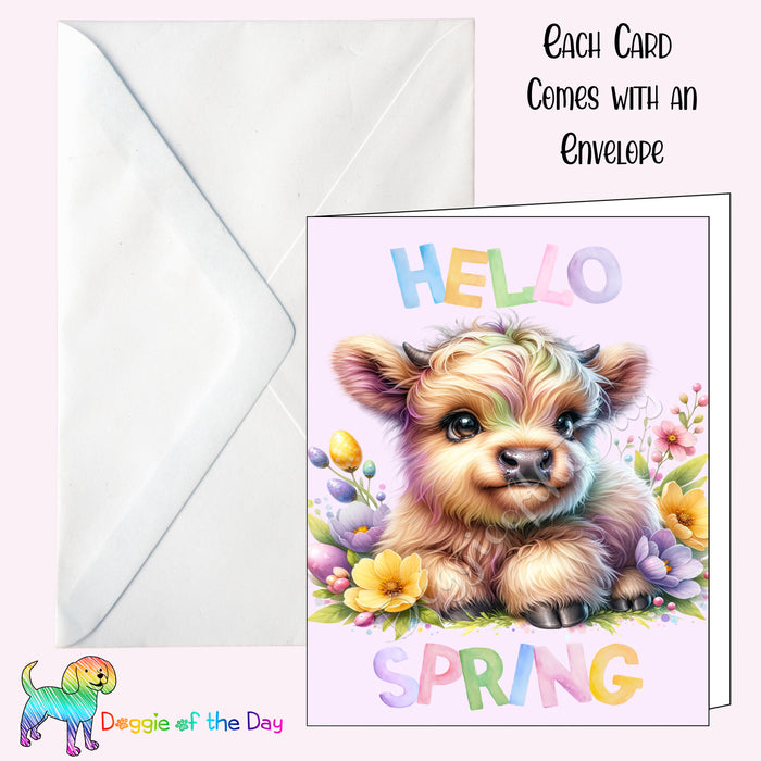 Hello Spring Little Bull Calf Greeting Card with Envelope, Fun and Cute Animal Portrait Stationery, 5x7"