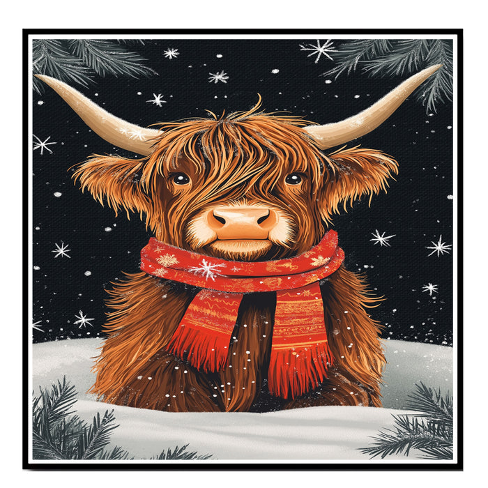 "Highland Winter Charm" - Highland Cow in Red Scarf Resting in Snow on Ready to Hang 1.5" Thick Canvas Wrap, Floating Framed Canvas, Flat Rolled Canvas