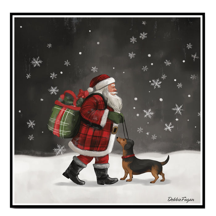 Doxie Christmas Canvas  - "Snowy Adventure" - Dachshund and Santa in The Winter Snow on Ready to Hang 1.5" Thick Canvas Wrap, Floating Framed Canvas, Flat Rolled Canvas