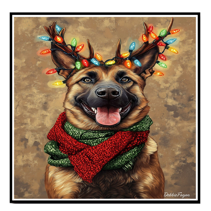 Rustic Cheer' - Belgian Malinois Dog with Christmas Lights & Cozy Scarf on Rustic Background, Ready to Hang 1.5" Thick Canvas Wrap, Floating Framed Canvas, Flat Rolled Canvas