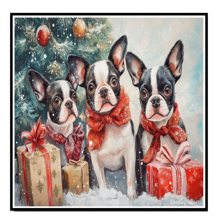 "Frenchie Winter Wonderland" - French Bulldogs Playing in the Snow Among Christmas Trees and Gifts on Ready to Hang 1.5" Thick Canvas Wrap, Floating Framed Canvas, Flat Rolled Canvas