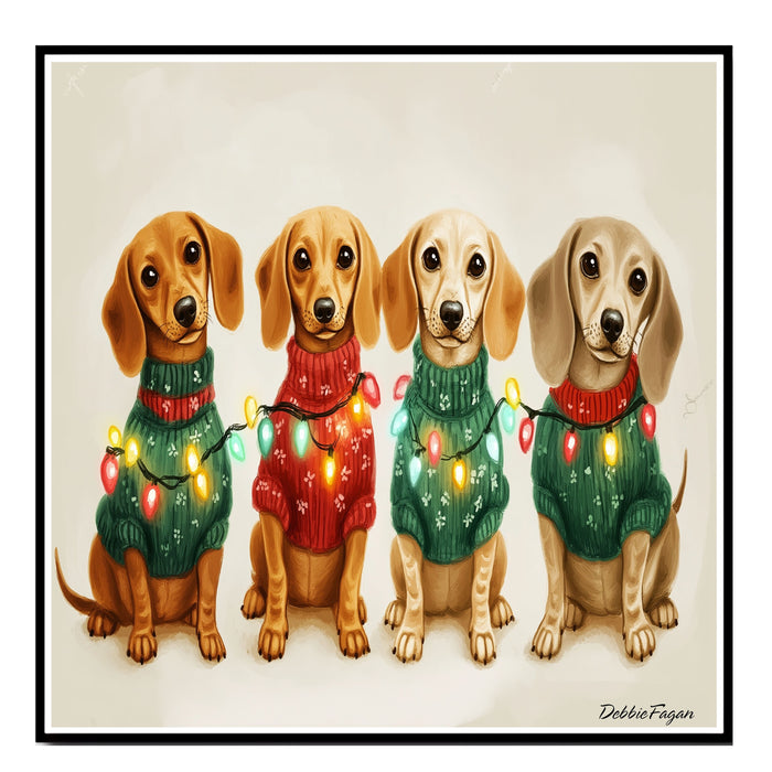 Christmas Canvas  - ÒDachshund SnugglesÓ - Adorable Dogs in Cozy Sweaters Wrapped in Colorful Christmas Lights on Ready to Hang 1.5" Thick Canvas Wrap, Floating Framed Canvas, Flat Rolled Canvas