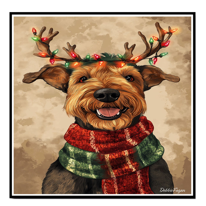 Airedale Festive Lights - 'Holiday Antlers' - Airedale Terrier in Red & Green Scarf with Christmas Light Antlers, Ready to Hang 1.5" Thick Canvas Wrap, Floating Framed Canvas, Flat Rolled Canvas