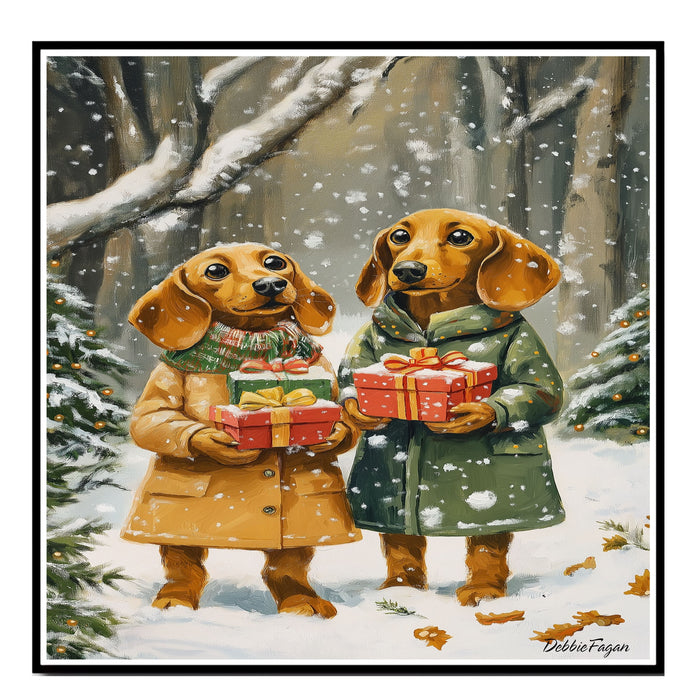 "Gift of Joy" - Dachshund Dogs in Cozy Winter Coats Holding Gifts in Snowy Forest, Ready to Hang 1.5" Thick Canvas Wrap, Floating Framed Canvas, Flat Rolled Canvas