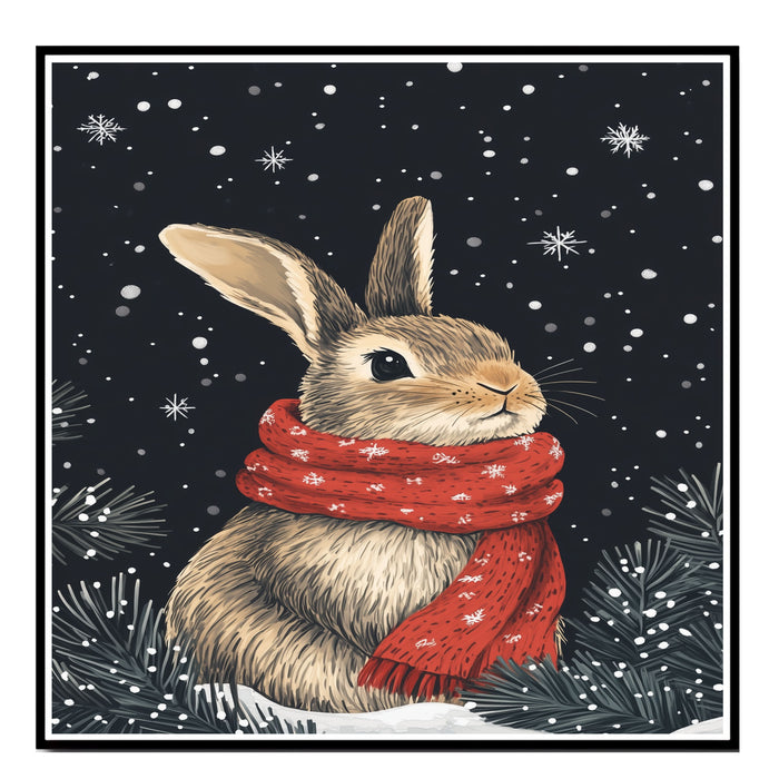 "Winter Wonderland Bunny" - Bunny in Red Scarf Sitting in Snow on Ready to Hang 1.5" Thick Canvas Wrap, Floating Framed Canvas, Flat Rolled Canvas