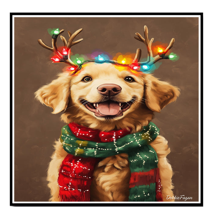 Bernedoodle Holiday Cheer - 'Rustic Antlers' - Bernedoodle Dog with Christmas Lights & Festive Scarf on Rustic Canvas, Ready to Hang 1.5" Thick Canvas Wrap, Floating Framed Canvas, Flat Rolled Canvas