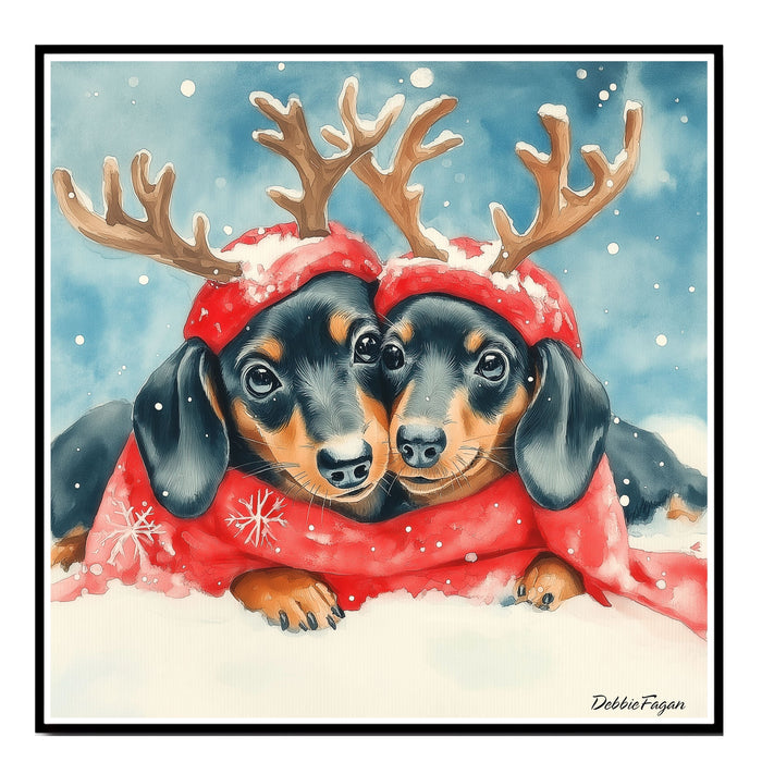 Doxie Christmas Canvas  - "Snowy Snouts" - Cozy Dachshund Dogs with Colorful Antlers in the Winter Snow on Ready to Hang 1.5" Thick Canvas Wrap, Floating Framed Canvas, Flat Rolled Canvas