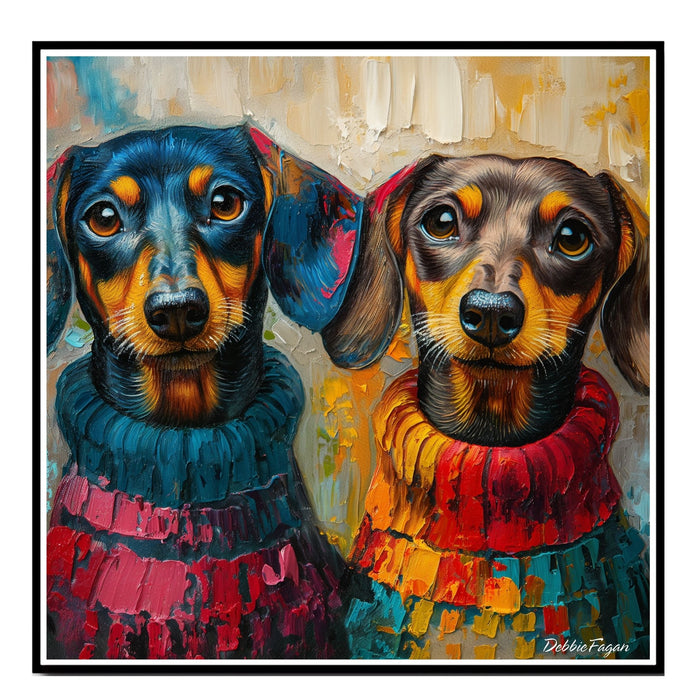 Dachshund Christmas Canvas - "Dapper Doxies" - Cute Colorful Wieners in Cozy Sweaters on Ready to Hang 1.5" Thick Canvas Wrap, Floating Framed Canvas, Flat Rolled Canvas