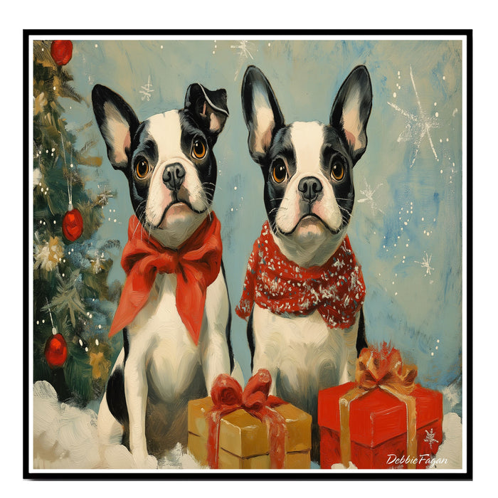 "Winter Whimsy" - French Bulldogs in Cozy Scarves Amidst a Snowy Wonderland with Christmas Tree and Gifts on Ready to Hang 1.5" Thick Canvas Wrap, Floating Framed Canvas, Flat Rolled Canvas