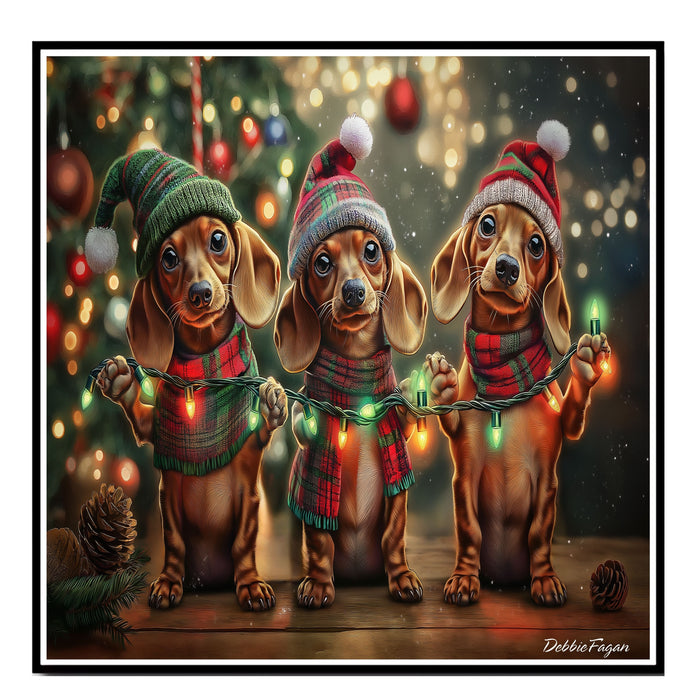 Christmas Canvas - "Holiday Cheer" - Adorable Doxie in Festive Winter Attire Holding Christmas String Lights on Ready to Hang 1.5" Thick Canvas Wrap, Floating Framed Canvas, Flat Rolled Canvas