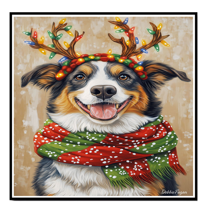 Holiday Spirit - 'Festive Flicker' - Australian Shepherd Dog with Lighted Antlers & Cozy Scarf on Rustic Background, Ready to Hang 1.5" Thick Canvas Wrap, Floating Framed Canvas, Flat Rolled Canvas