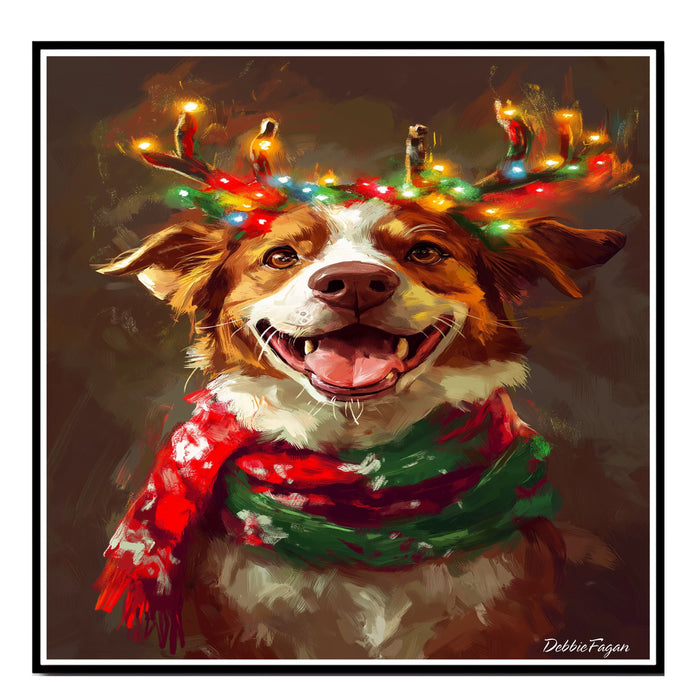 Christmas Glow - 'Rustic Wonder' - Australian Shepherd with Twinkling Antlers & Festive Scarf Rustic, Ready to Hang 1.5" Thick Canvas Wrap, Floating Framed Canvas, Flat Rolled Canvas