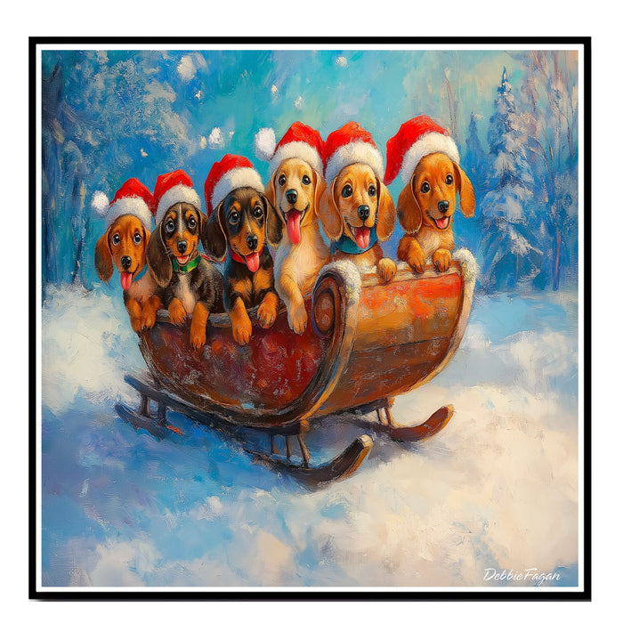 "Dachshund Sleigh Ride" - Adorable Doxie in Santa Hats Enjoying a Joyful Journey Through a Snowy Winter Forest on Ready to Hang 1.5" Thick Canvas Wrap, Floating Framed Canvas, Flat Rolled Canvas