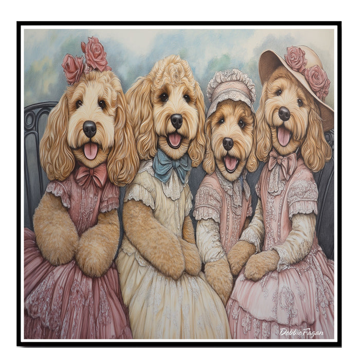 Dog Christmas Canvas  - "Victorian Doodle Charm" - Adorable Goldendoodles Dressed in Elegant Victorian Attire on Ready to Hang 1.5" Thick Canvas Wrap, Floating Framed Canvas, Flat Rolled Canvas