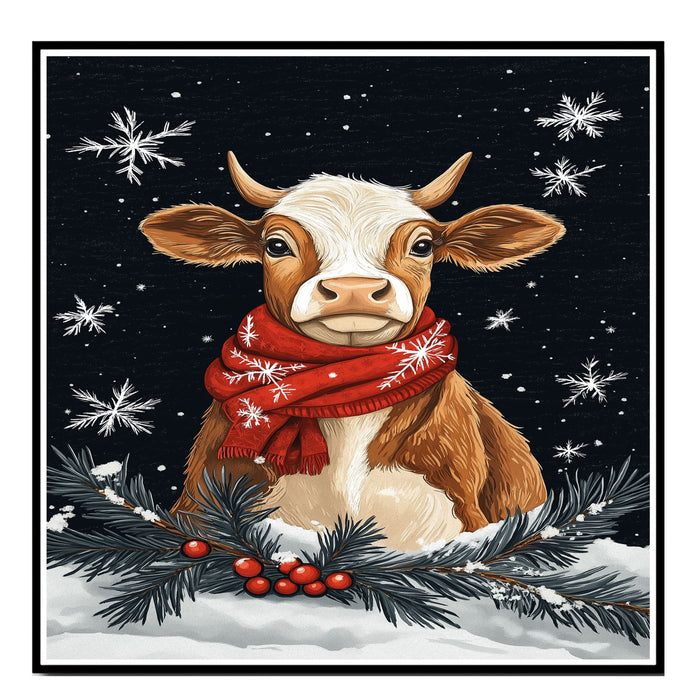 "Winter Bliss Cow" - Cow in Red Scarf Sitting in Snow on Ready to Hang 1.5" Thick Canvas Wrap, Floating Framed Canvas, Flat Rolled Canvas