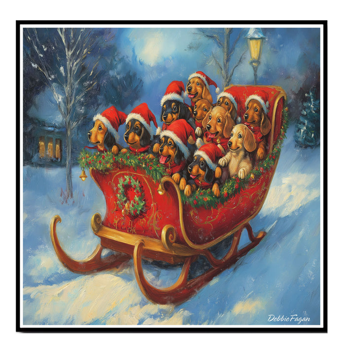 Doxie Christmas Canvas  - "Dashing Through the Snow" - Dachshund Puppies in Santa Hats Sleighing Adventure on Ready to Hang 1.5" Thick Canvas Wrap, Floating Framed Canvas, Flat Rolled Canvas