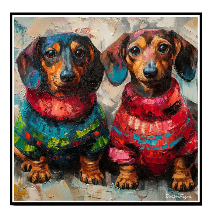 Dachshund Christmas Canvas - "Wiener Doxie Duo Charm" - Cozy Sweater Pair on Abstract Oil-Style Background on Ready to Hang 1.5" Thick Canvas Wrap, Floating Framed Canvas, Flat Rolled Canvas