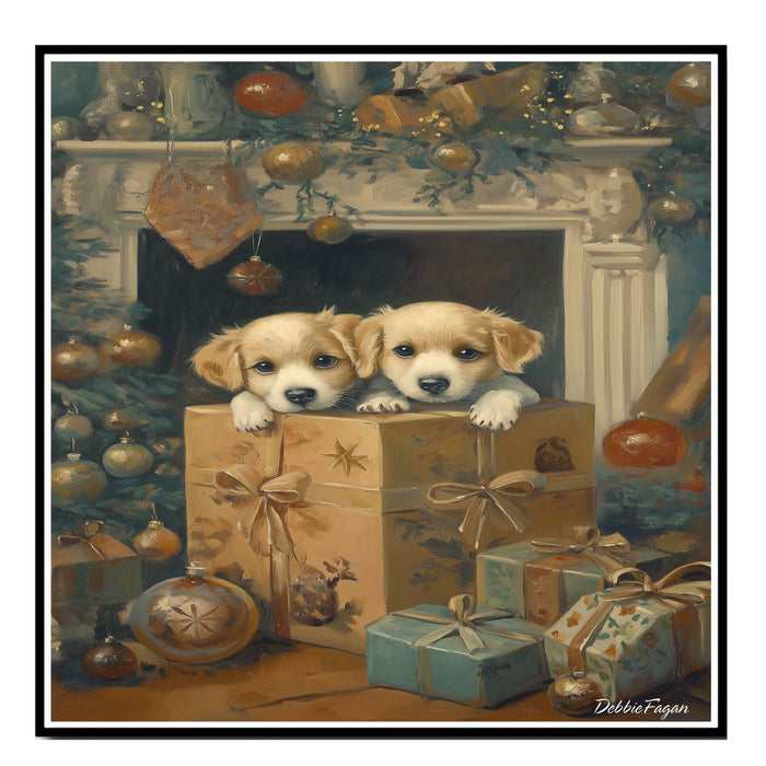 "Under the Tree Joy" - Two Adorable Puppies Above a Big Gift Under the Christmas Tree, Ready to Hang 1.5" Thick Canvas Wrap, Floating Framed Canvas, Flat Rolled Canvas