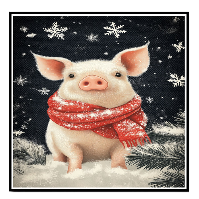 "Winter Cuddle Pig" - Pig in Red Scarf Cozy in Snow on Ready to Hang 1.5" Thick Canvas Wrap, Floating Framed Canvas, Flat Rolled Canvas