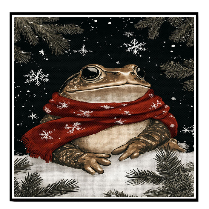 "Frosty Leap Frog" - Frog in Red Scarf Sitting in Snow on Ready to Hang 1.5" Thick Canvas Wrap, Floating Framed Canvas, Flat Rolled Canvas