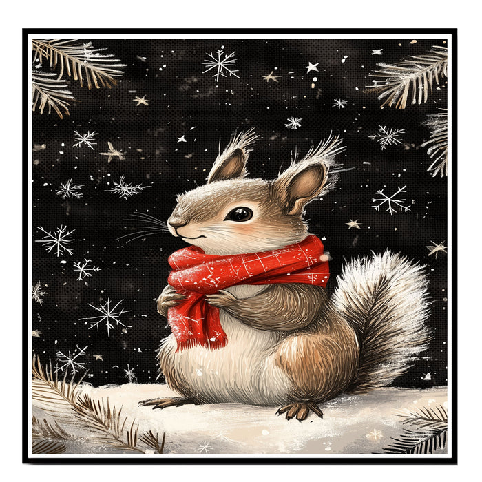 "Winter Delight Squirrel" - Squirrel in Red Scarf Playing in Snow on Ready to Hang 1.5" Thick Canvas Wrap, Floating Framed Canvas, Flat Rolled Canvas